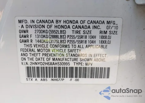 2010 Acura Mdx Technology Package from USA, damaged, VIN 2HNYD2H6XAH530995